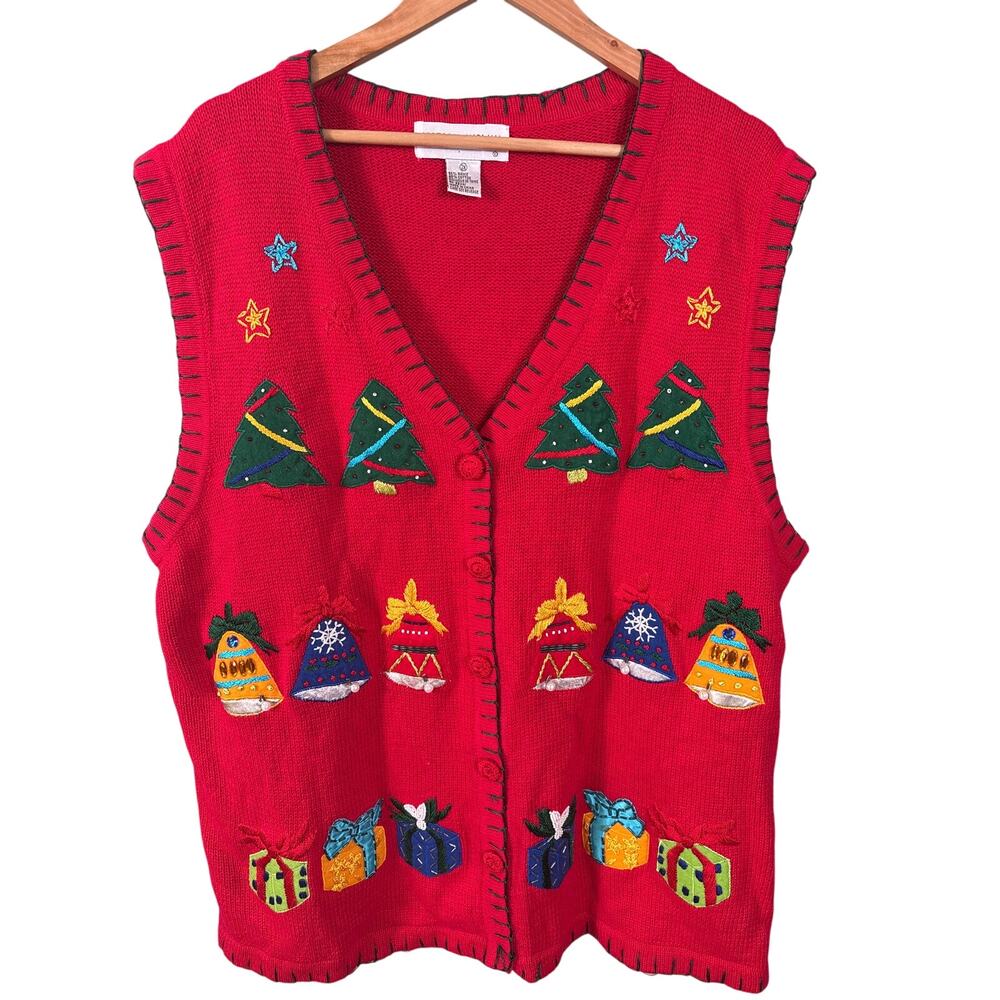 Victoria Woman VTG Ugly Sweater Vest Size 2X‎ Red Holidays Christmas Tree Bells